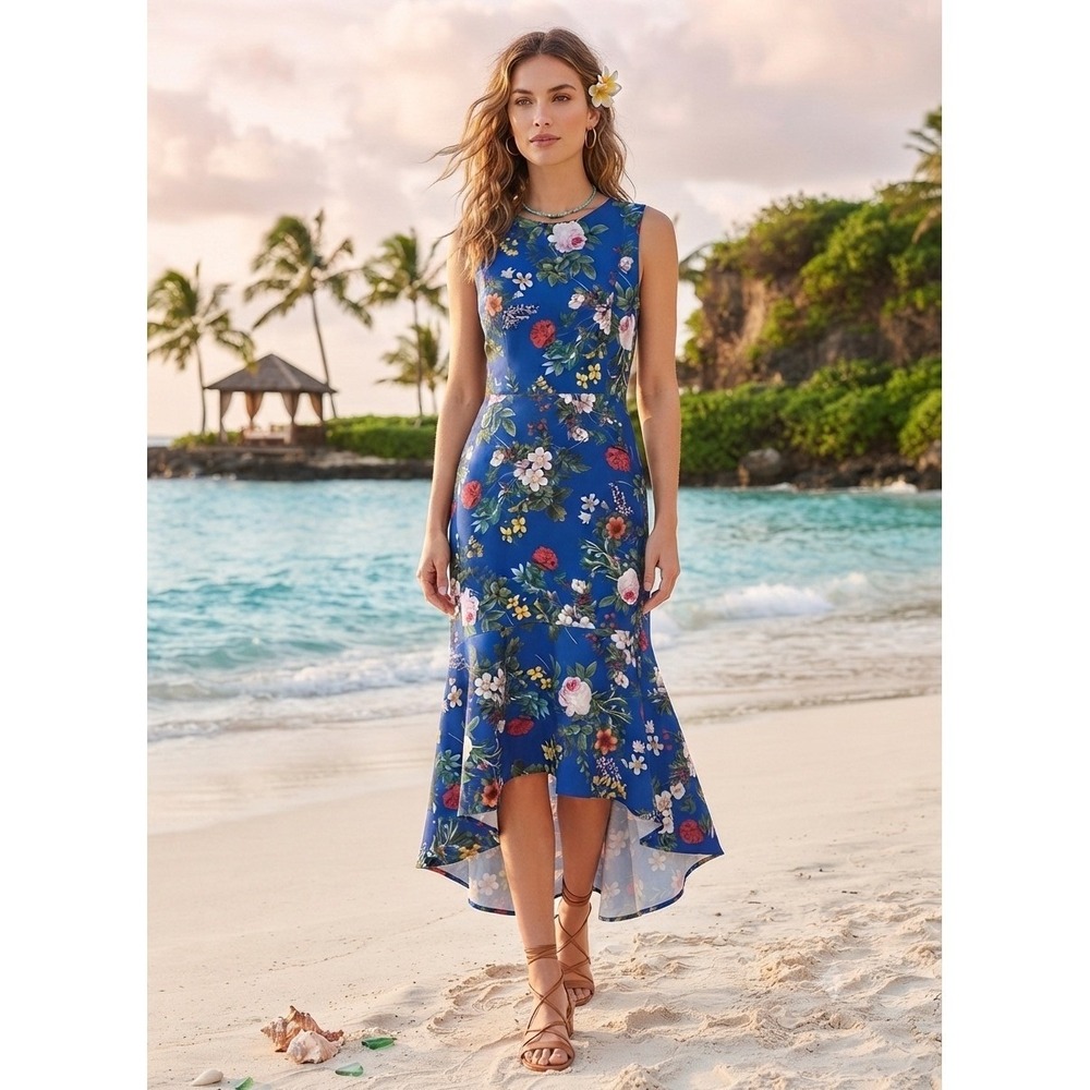 Calvin Klein Womens Blue Floral Scuba Crepe High-Low Midi Dress Size 14 CD0C18X1
